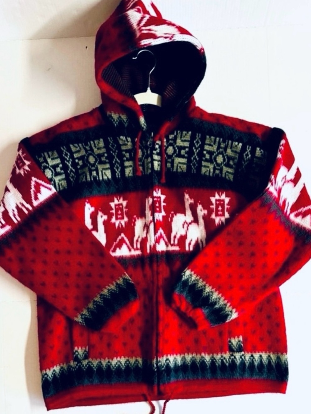 Vintage Tejidos Red Wool Full Zip Alpaca Motif Hooded Zip Sweater.Size M